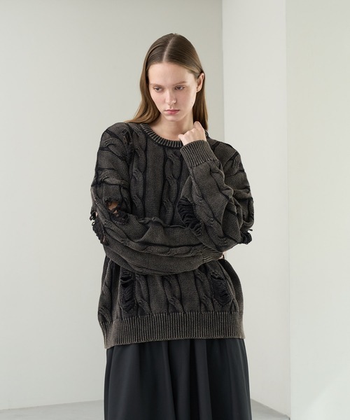 KUUUPY（クーピー）の「Vintage Design Distressed Cable Knit Sweater - ヴィンテージデザインダメージケーブルニット（ニット/セーター・メンズ・ブルー/ブラック・SMALL/MEDIUM/LARGE）」の8枚目の写真