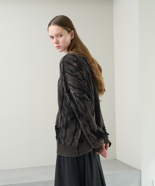 KUUUPY（クーピー）の「Vintage Design Distressed Cable Knit Sweater - ヴィンテージデザインダメージケーブルニット（ニット/セーター・メンズ・ブルー/ブラック・SMALL/MEDIUM/LARGE）」の6枚目の写真