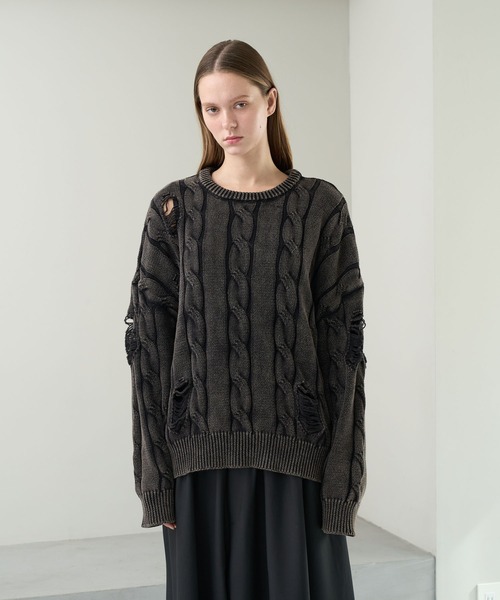 KUUUPY（クーピー）の「Vintage Design Distressed Cable Knit Sweater - ヴィンテージデザインダメージケーブルニット（ニット/セーター・メンズ・ブルー/ブラック・SMALL/MEDIUM/LARGE）」の4枚目の写真