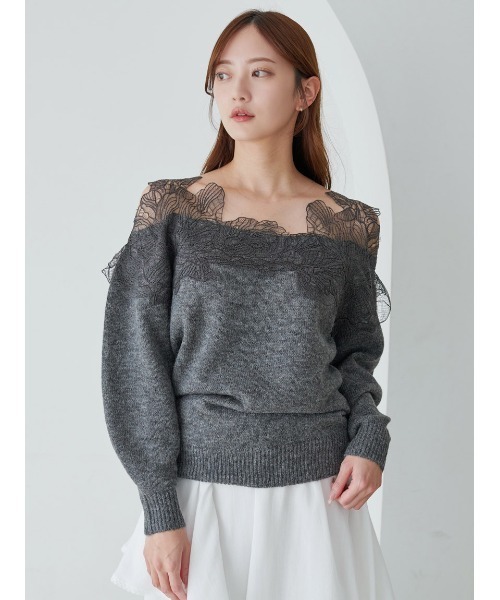SNIDEL レースニットプルオーバー MIX SNIDEL ニット セーター レースコンビハーフスリーブニットプル