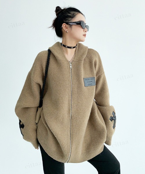 Dalfwin(ダールフィン)の「韓国ファッション フード付きクロスジップニットパーカー(パーカー・レディース・ブラック/ダークブラウン/グレー・FREE)」の1枚目の写真