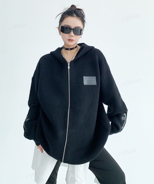 Dalfwin(ダールフィン)の「韓国ファッション フード付きクロスジップニットパーカー(パーカー・レディース・ブラック/ダークブラウン/グレー・FREE)」の2枚目の写真