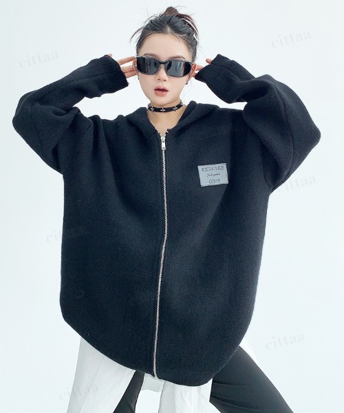 Dalfwin(ダールフィン)の「韓国ファッション フード付きクロスジップニットパーカー(パーカー・レディース・ブラック/ダークブラウン/グレー・FREE)」の6枚目の写真