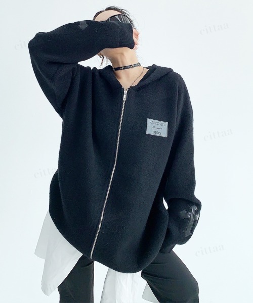 Dalfwin(ダールフィン)の「韓国ファッション フード付きクロスジップニットパーカー(パーカー・レディース・ブラック/ダークブラウン/グレー・FREE)」の8枚目の写真