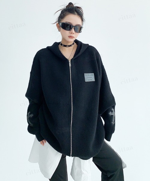 Dalfwin(ダールフィン)の「韓国ファッション フード付きクロスジップニットパーカー(パーカー・レディース・ブラック/ダークブラウン/グレー・FREE)」の9枚目の写真