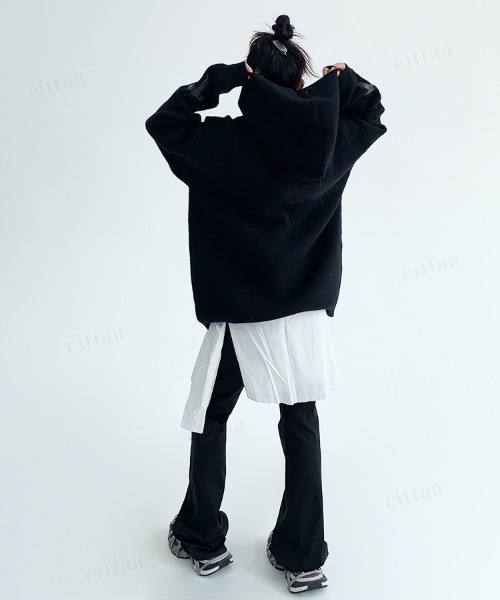 Dalfwin(ダールフィン)の「韓国ファッション フード付きクロスジップニットパーカー(パーカー・レディース・ブラック/ダークブラウン/グレー・FREE)」の11枚目の写真