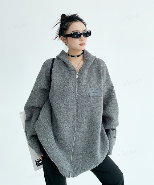 Dalfwin(ダールフィン)の「韓国ファッション フード付きクロスジップニットパーカー(パーカー・レディース・ブラック/ダークブラウン/グレー・FREE)」の15枚目の写真