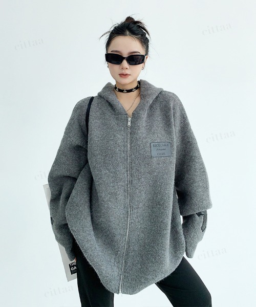 Dalfwin(ダールフィン)の「韓国ファッション フード付きクロスジップニットパーカー(パーカー・レディース・ブラック/ダークブラウン/グレー・FREE)」の13枚目の写真