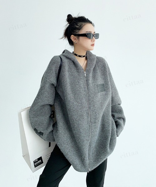 Dalfwin(ダールフィン)の「韓国ファッション フード付きクロスジップニットパーカー(パーカー・レディース・ブラック/ダークブラウン/グレー・FREE)」の16枚目の写真