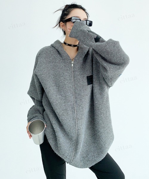 Dalfwin(ダールフィン)の「韓国ファッション フード付きクロスジップニットパーカー(パーカー・レディース・ブラック/ダークブラウン/グレー・FREE)」の17枚目の写真