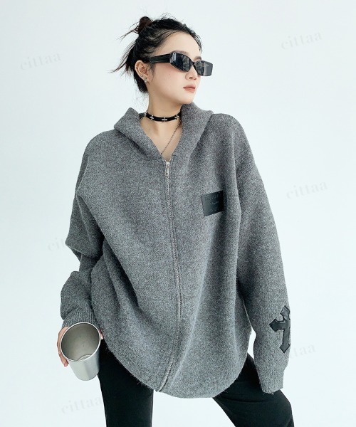 Dalfwin(ダールフィン)の「韓国ファッション フード付きクロスジップニットパーカー(パーカー・レディース・ブラック/ダークブラウン/グレー・FREE)」の12枚目の写真