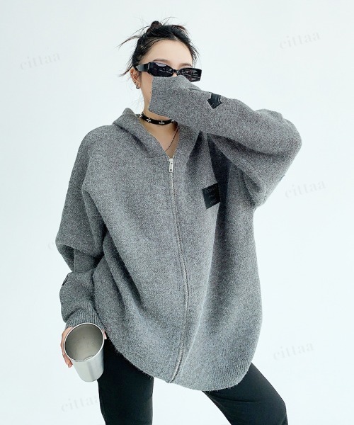 Dalfwin(ダールフィン)の「韓国ファッション フード付きクロスジップニットパーカー(パーカー・レディース・ブラック/ダークブラウン/グレー・FREE)」の18枚目の写真