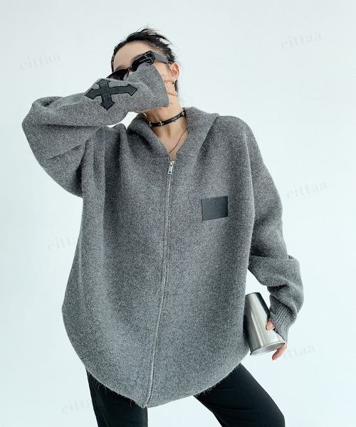 Dalfwin(ダールフィン)の「韓国ファッション フード付きクロスジップニットパーカー(パーカー・レディース・ブラック/ダークブラウン/グレー・FREE)」の19枚目の写真