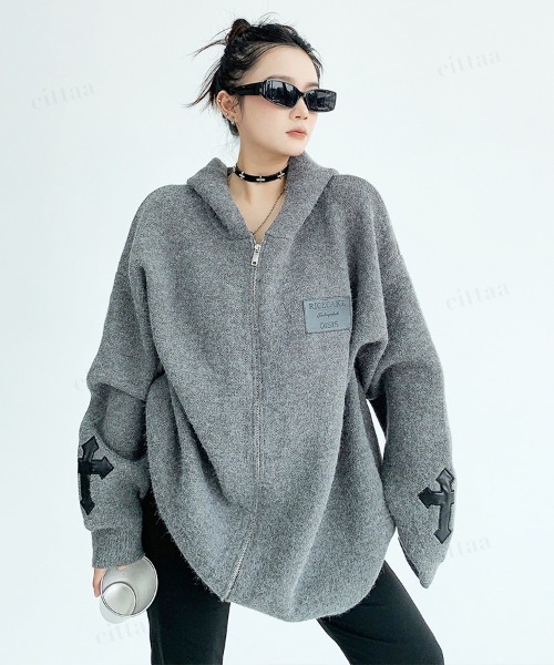 Dalfwin(ダールフィン)の「韓国ファッション フード付きクロスジップニットパーカー(パーカー・レディース・ブラック/ダークブラウン/グレー・FREE)」の14枚目の写真