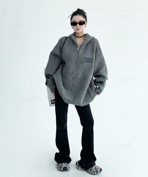 Dalfwin(ダールフィン)の「韓国ファッション フード付きクロスジップニットパーカー(パーカー・レディース・ブラック/ダークブラウン/グレー・FREE)」の20枚目の写真