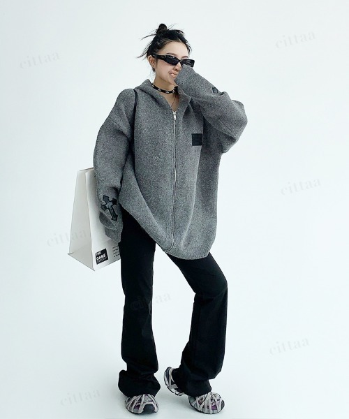 Dalfwin(ダールフィン)の「韓国ファッション フード付きクロスジップニットパーカー(パーカー・レディース・ブラック/ダークブラウン/グレー・FREE)」の21枚目の写真