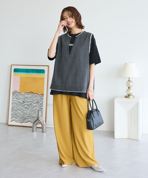 Green　Parks（グリーンパークス）の「楽ちんプリーツワイドパンツ（スラックス・レディース・ブラック/ホワイト系その他2/チャコールグレー/マスタード・FREE）」の8枚目の写真