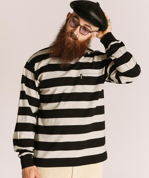 Schott（ショット）の「Schott/ショット/WIDE BORDER LS T-SHIRT/ワイドボーダー ロンＴ（Tシャツ/カットソー・メンズ・グレー/ブラック・2XL/L/M/S/XL）」の2枚目の写真