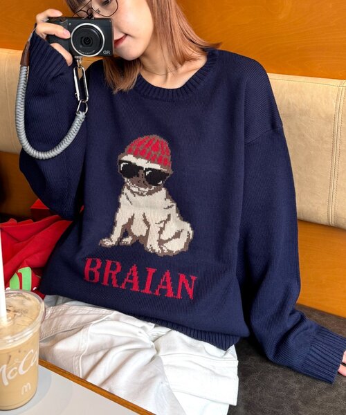 CIAOPANIC TYPY（チャオパニックティピー）の「【ユニセックス】犬アソート柄ロゴジャガードニット（ニット/セーター・レディース・チャコールグレー/ネイビー/イエロー/オレンジ/ライトグレー・LARGE/MEDIUM）」の3枚目の写真