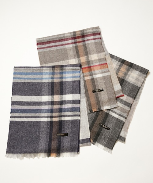 KATHARINE HAMNETT LONDON （キャサリンハムネットロンドン）の「KATHARINE HAMNETT LONDON/キャサリンハムネットロンドン カシミヤ100% チェックマフラー（マフラー・メンズ・ライトグレー/ベージュ/ネイビー・FREE）」の4枚目の写真