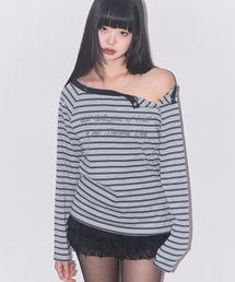 ILLIGO（イリゴ）の「レタリングスナップロングスリーブネイビーストライプ（Tシャツ/カットソー）」