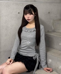 ラインストーンフリルロングTシャツ