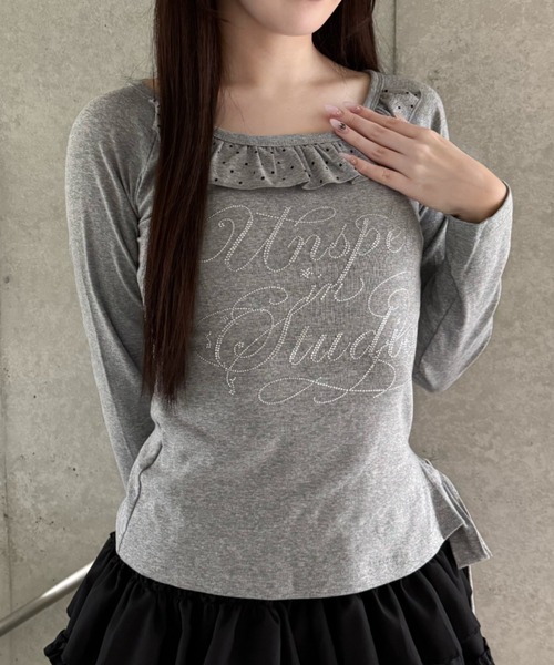 Lae（レイ）の「ラインストーンフリルロングTシャツ（Tシャツ/カットソー・レディース・グレー・SMALL/MEDIUM）」の9枚目の写真