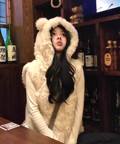 耳付き ふわふわ フード付き ファーベスト（ベスト）｜DEVICE