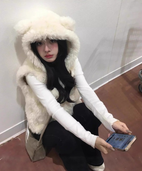 耳付き ふわふわ フード付き ファーベスト（ベスト）｜DEVICE