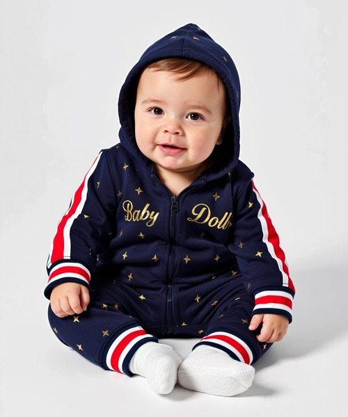 BABYDOLL(ベビードール)の「スパークルラインロンパース 1188B(ロンパース・キッズ・ネイビー/グリーン/オフホワイト・70cm/80cm)」の1枚目の写真