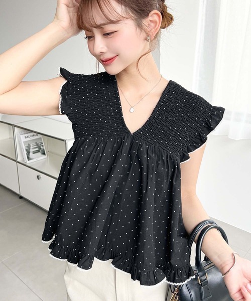 Slab dot back rib‑woven shirring flannel blouse