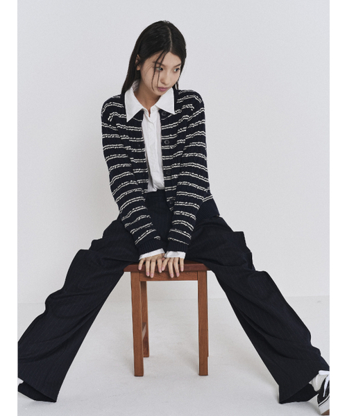 POKER FACE(ポーカーフェイス)の「(W) CABLE STRIPE CARDIGAN NAVY(カーディガン/ボレロ・レディース・ネイビー・46)」の2枚目の写真