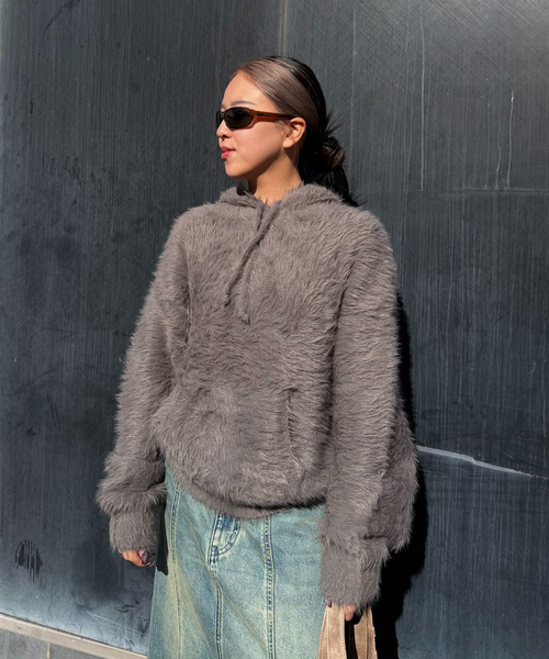 Oriens JOURNAL STANDARD（オリエンス ジャーナルスタンダード）の「ファーファーニットフーディー（ニット/セーター・レディース・グレー/ネイビー・FREE）」の2枚目の写真