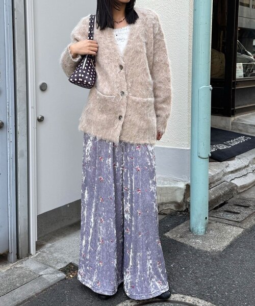 ラインストーンフラワー刺繡ベロアワイドパンツ（その他パンツ