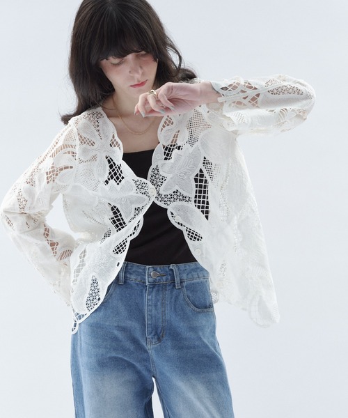 Shelly island（シェリーアイランド）の「レース編みカーディガン（カーディガン/ボレロ・レディース・ホワイト/ブラック・FREE）」の5枚目の写真
