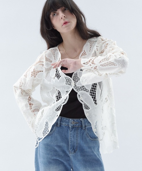 Shelly island（シェリーアイランド）の「レース編みカーディガン（カーディガン/ボレロ・レディース・ホワイト/ブラック・FREE）」の9枚目の写真
