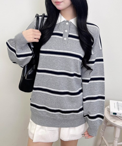 INGNI（イング）の「ボーダーポロニット（ニット/セーター・レディース・グレー/ネイビー・M）」の2枚目の写真