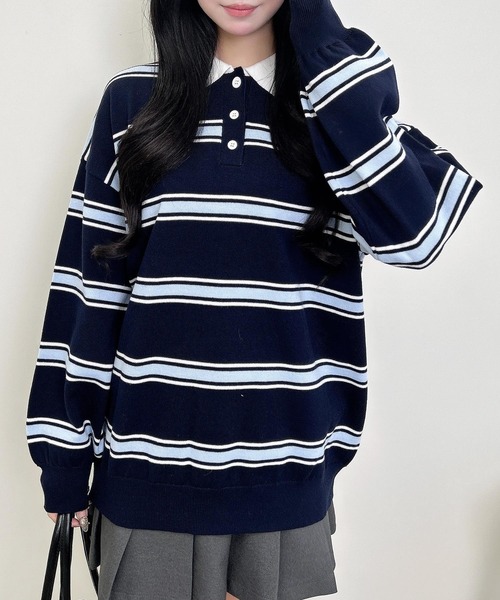 INGNI（イング）の「ボーダーポロニット（ニット/セーター・レディース・グレー/ネイビー・M）」の12枚目の写真