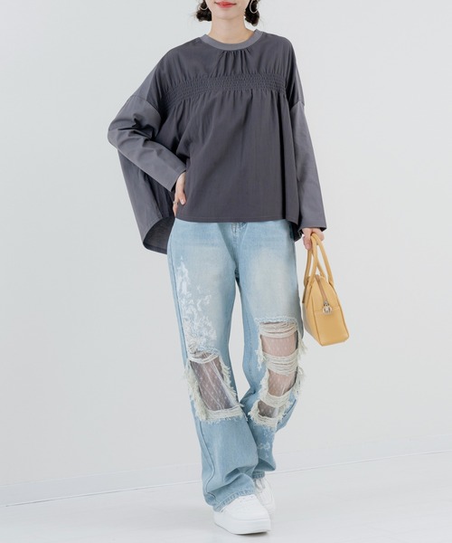 refinedworks(リファインドワークス)の「【refinedworks】異素材 切替デザインが 魅力の シャーリングプルオーバー!(Tシャツ/カットソー・レディース・チャコールグレー/イエロー・FREE)」の11枚目の写真