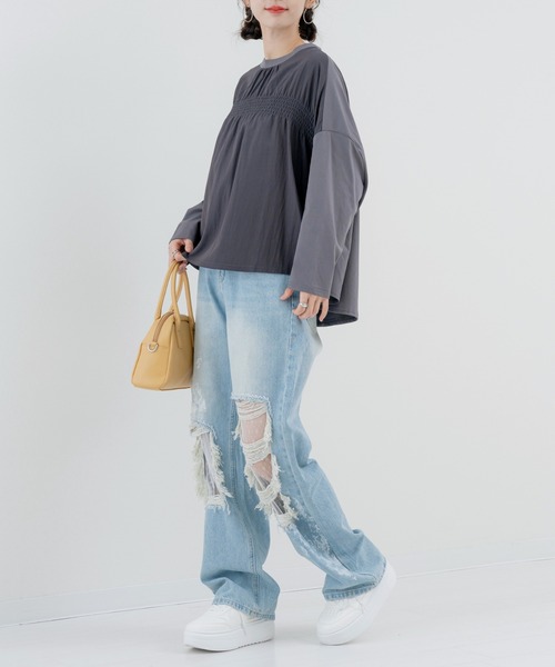 refinedworks(リファインドワークス)の「【refinedworks】異素材 切替デザインが 魅力の シャーリングプルオーバー!(Tシャツ/カットソー・レディース・チャコールグレー/イエロー・FREE)」の9枚目の写真