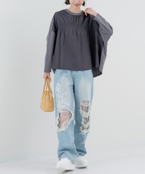 refinedworks(リファインドワークス)の「【refinedworks】異素材 切替デザインが 魅力の シャーリングプルオーバー!(Tシャツ/カットソー・レディース・チャコールグレー/イエロー・FREE)」の10枚目の写真