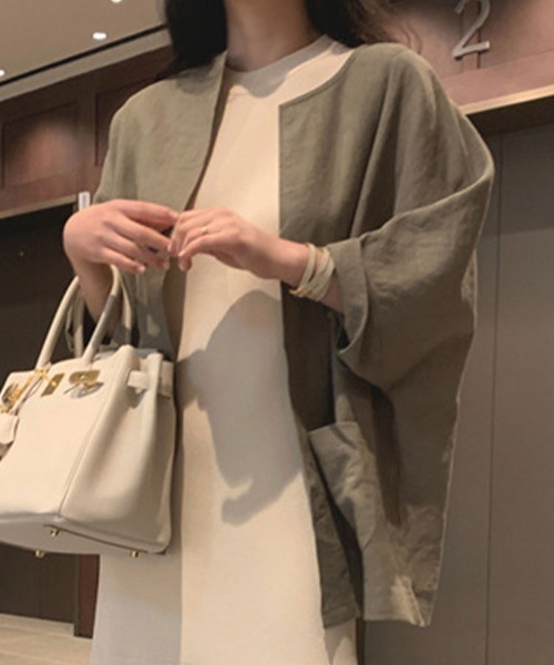 SallyLunn（サリーラン）の「【きれいめカジュアル】リネンライクノーカラーカーディガン（カーディガン/ボレロ・レディース・グレー/ホワイト・MEDIUM/LARGE）」の14枚目の写真