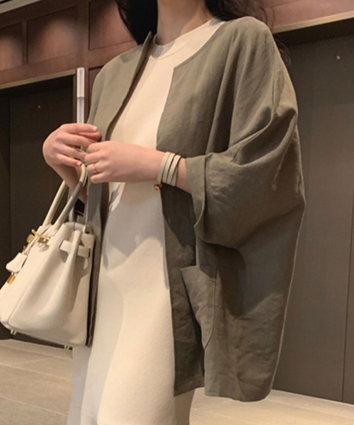 SallyLunn（サリーラン）の「【きれいめカジュアル】リネンライクノーカラーカーディガン（カーディガン/ボレロ・レディース・グレー/ホワイト・MEDIUM/LARGE）」の15枚目の写真