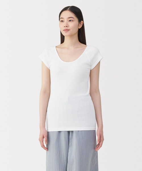 無印良品(ムジルシリョウヒン)の「婦人 フライス編みフレンチスリーブTシャツ(インナーウェア/肌着・レディース・ホワイト/グレー/ブラック・S/M/L/XL)」の1枚目の写真