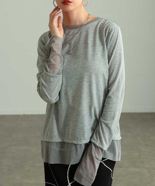 Sawa a la mode(サワアラモード)の「チュールレイヤード風異素材カットソー(Tシャツ/カットソー・レディース・ホワイト/ブラック/グレー・FREE)」の1枚目の写真