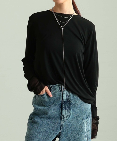 Sawa a la mode(サワアラモード)の「チュールレイヤード風異素材カットソー(Tシャツ/カットソー・レディース・ホワイト/ブラック/グレー・FREE)」の3枚目の写真