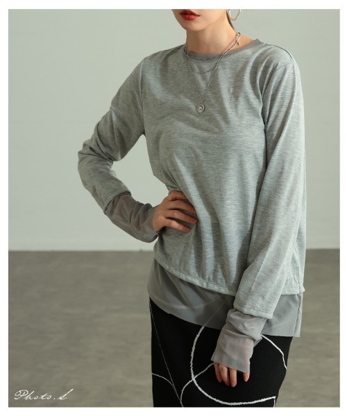 Sawa a la mode(サワアラモード)の「チュールレイヤード風異素材カットソー(Tシャツ/カットソー・レディース・ホワイト/ブラック/グレー・FREE)」の4枚目の写真