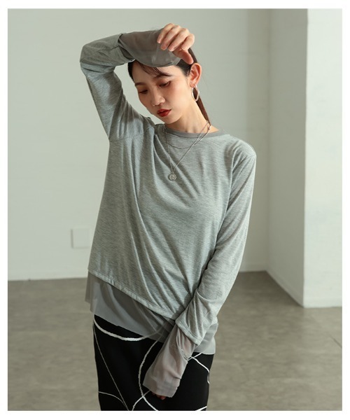 Sawa a la mode(サワアラモード)の「チュールレイヤード風異素材カットソー(Tシャツ/カットソー・レディース・ホワイト/ブラック/グレー・FREE)」の6枚目の写真