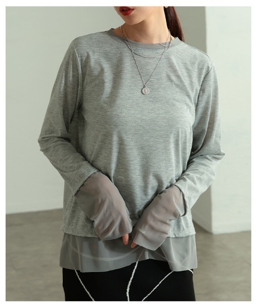 Sawa a la mode(サワアラモード)の「チュールレイヤード風異素材カットソー(Tシャツ/カットソー・レディース・ホワイト/ブラック/グレー・FREE)」の11枚目の写真