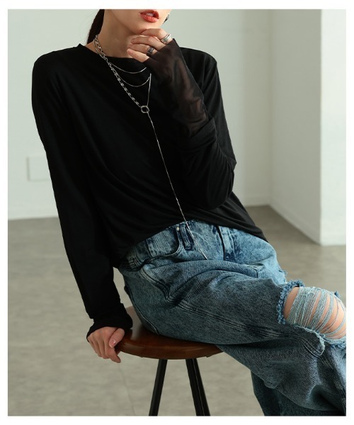 Sawa a la mode(サワアラモード)の「チュールレイヤード風異素材カットソー(Tシャツ/カットソー・レディース・ホワイト/ブラック/グレー・FREE)」の12枚目の写真